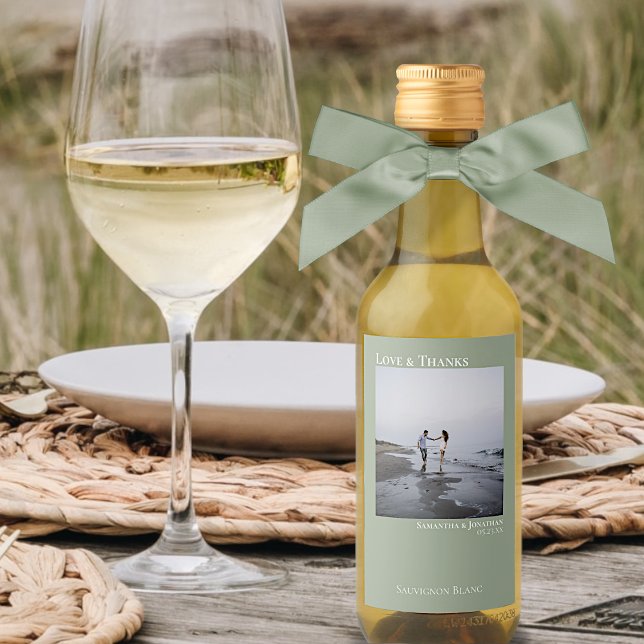 Love Thanks Minimal Sage Green Wedding Photo Mini Wine Label (Creator Uploaded)