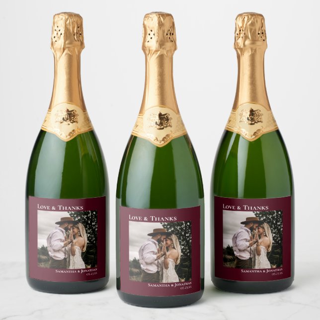 Love & Thanks Minimalist Burgundy Photo Wedding Sparkling Wine Label (Bottles)
