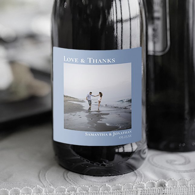 Love & Thanks Minimalist Light Blue Photo Wedding Sparkling Wine Label (Creator Uploaded)
