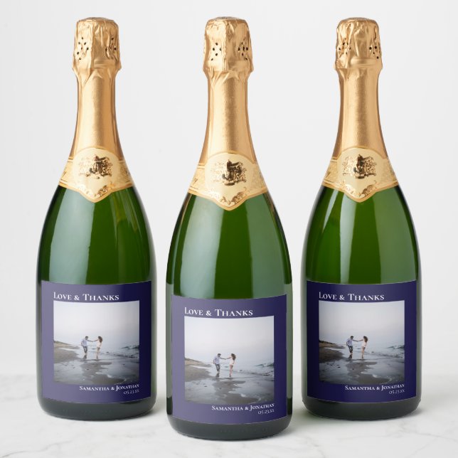 Love & Thanks Minimalist Navy Blue Wedding Photo Sparkling Wine Label (Bottles)