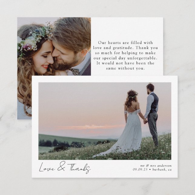Love & Thanks Minimalist Photo Calligraphy Wedding Thank You Card (Front/Back)