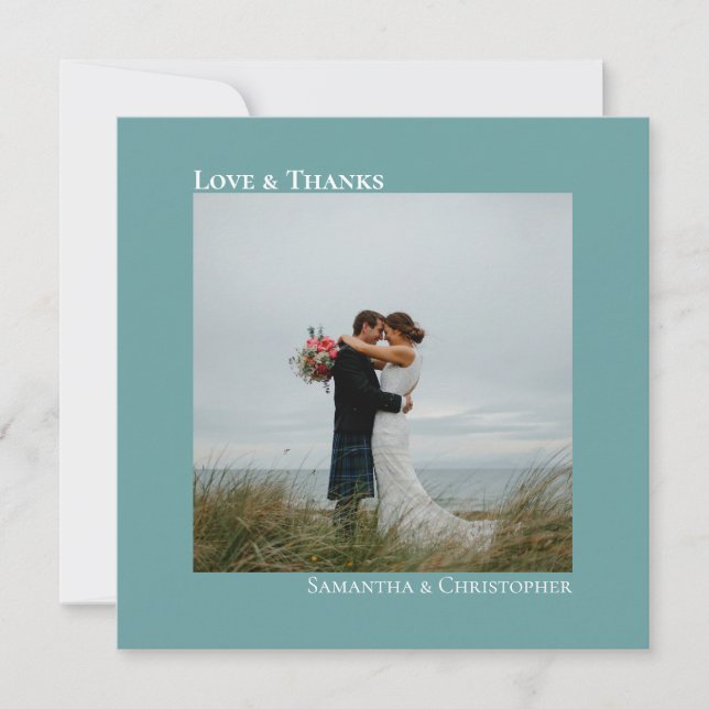 Love & Thanks Minimalist Teal Wedding Photo Square Thank You Card (Front)