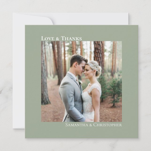 Love & Thanks Minimalist Wedding Photo Sage Green Card (Front)
