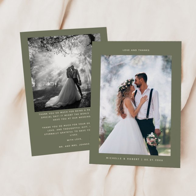 Love & Thanks Minimalist Wedding Photo Sage Green Thank You Card (Creator Uploaded)