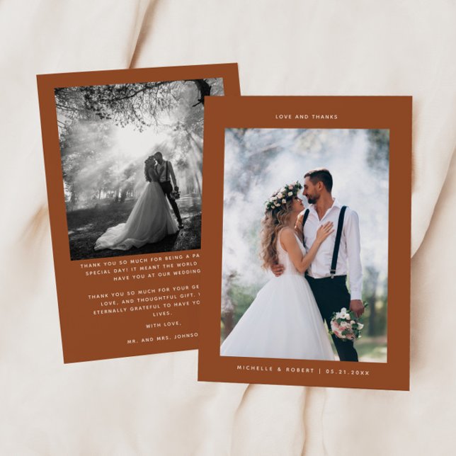 Love & Thanks Minimalist Wedding Photo Terracotta Thank You Card (Creator Uploaded)