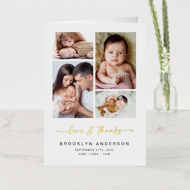 Love & Thanks | Modern 4 Photo New Baby Thank You Foil Greeting Card (Flower)