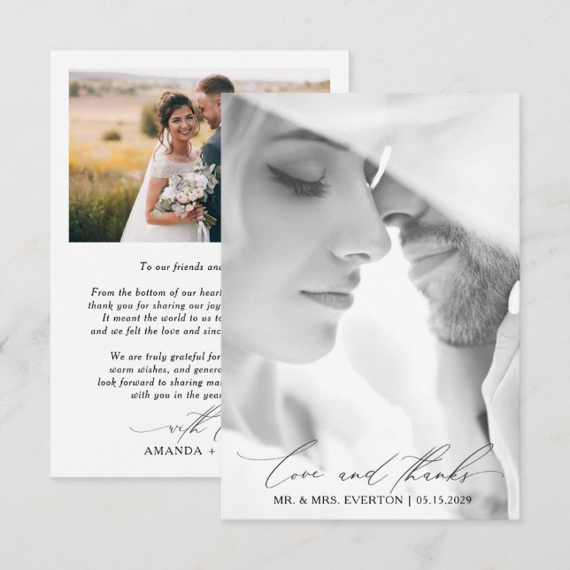 Love & Thanks Modern Calligraphy Photo Wedding Thank You Card (Front/Back)