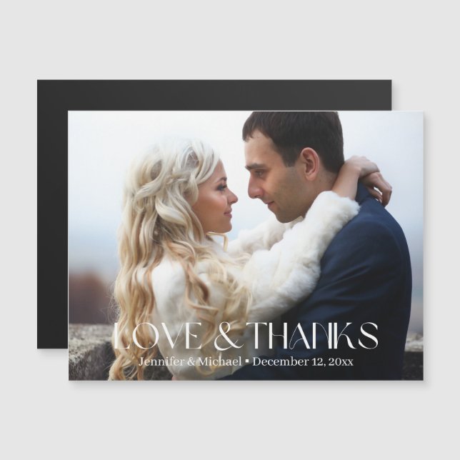 love & thanks modern script photo wedding magnet (Front/Back)