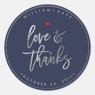 Love+Thanks,  Modern Script Silver+Navy Blue Classic Round Sticker