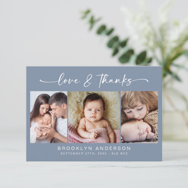 Love & Thanks | Modern Three Photo New Baby Thank You Card (Standing Front)