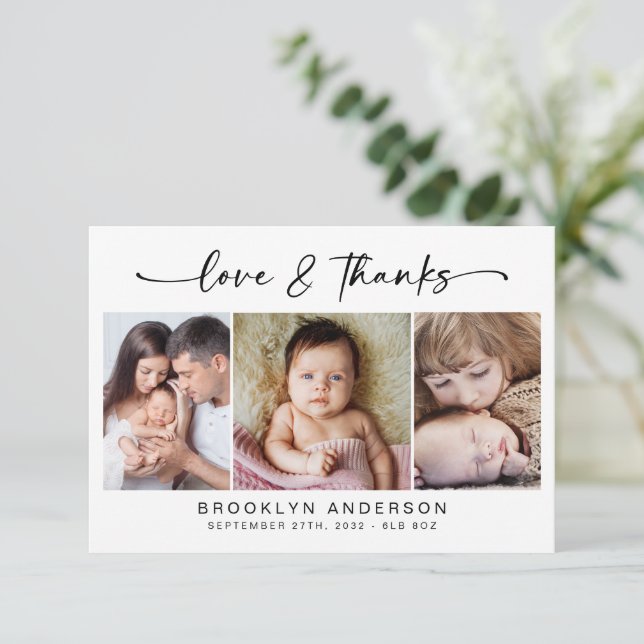 Love & Thanks | Modern Three Photo New Baby Thank You Card (Standing Front)