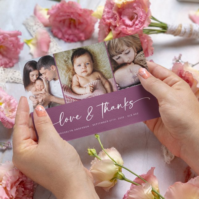 Love & Thanks | Modern Three Photo New Baby  Thank You Card (Creator Uploaded)