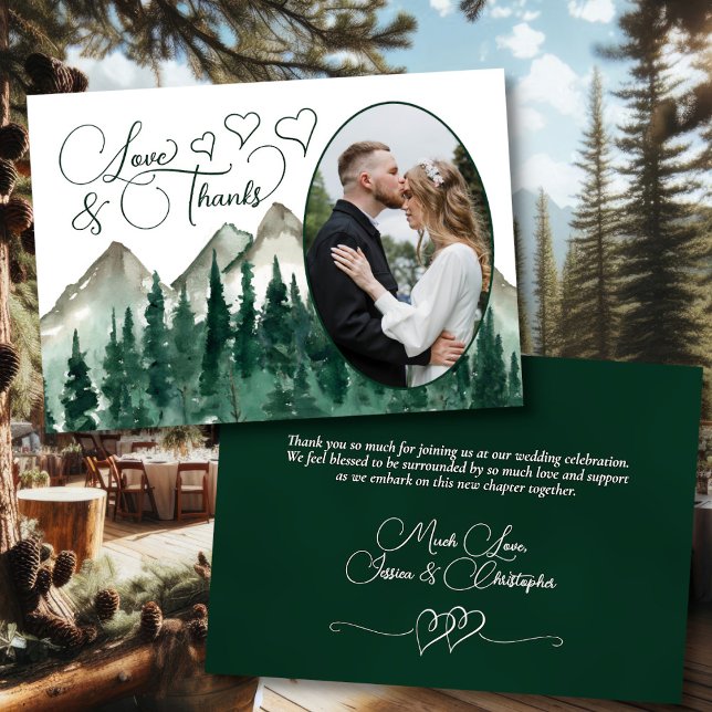 Love & Thanks Mountains & Pines Oval Photo Wedding Thank You Card (Front/Back)