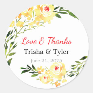 Love & Thanks, Names & Date Yellow Flowers Wedding Classic Round Sticker