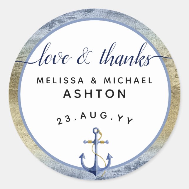 Love & Thanks #Nautical Blue & Gold #Wedding Favou Classic Round Sticker (Front)