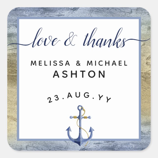 Love & Thanks #Nautical Blue & Gold #Wedding Favou Square Sticker (Front)