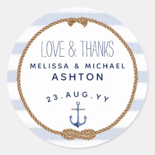 Love & Thanks Nautical Blue & White Wedding Favour Classic Round Sticker