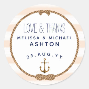 Love & Thanks Nautical Coral & White Wedding Favou Classic Round Sticker