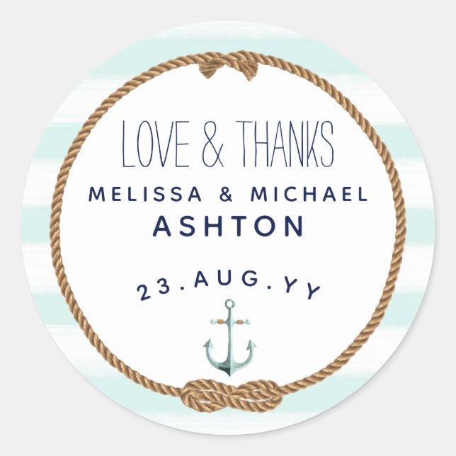 Love & Thanks Nautical Mint & White Wedding Favour Classic Round Sticker (Front)