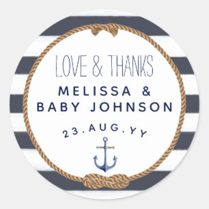 Love & Thanks Nautical Navy Blue Baby Shower Favou Classic Round Sticker
