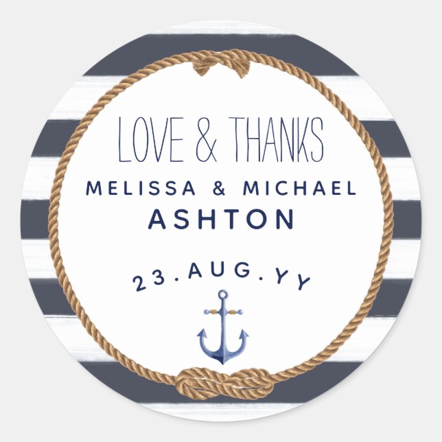 Love & Thanks Nautical Navy Blue Wedding Favour Classic Round Sticker (Front)
