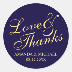 'Love & Thanks' Navy & Gold Elegant Wedding Favour Classic Round Sticker
