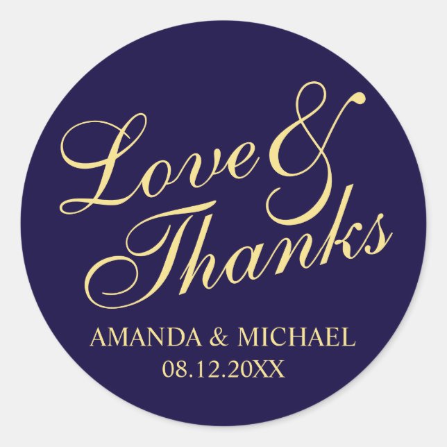 'Love & Thanks' Navy & Gold Elegant Wedding Favour Classic Round Sticker (Front)