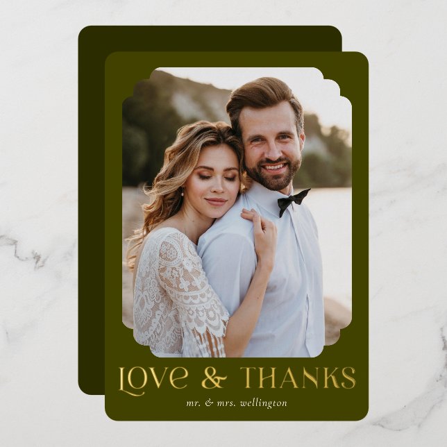 Love Thanks Olive Foil Wedding Thank You Card (Front/Back)