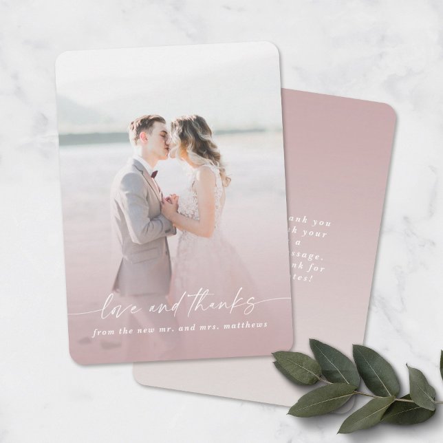 Love & Thanks Ombre Mauve Wedding Photo Overlay Thank You Card (Creator Uploaded)
