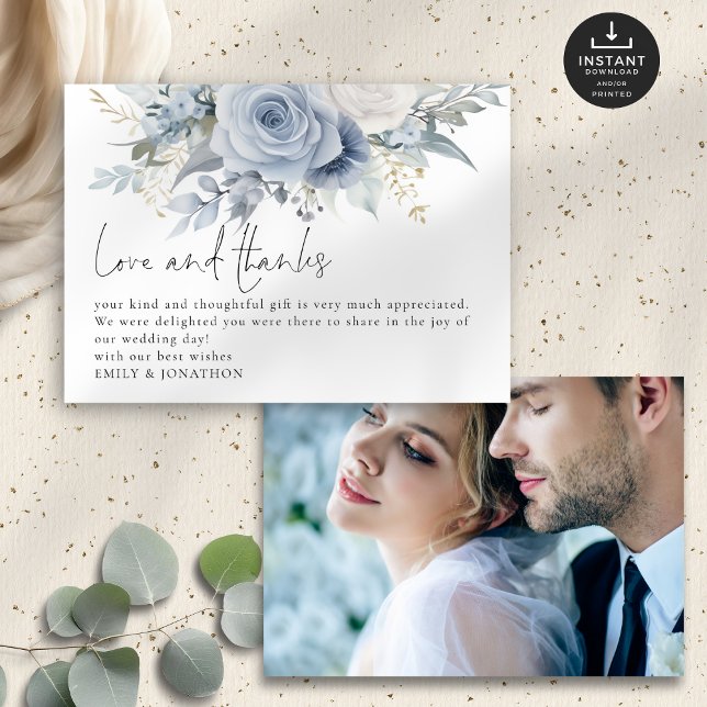Love Thanks Photo Blue Florals Wedding Thank You Card (Front and back view)