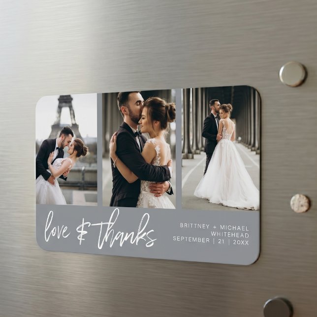 Love Thanks Photo Collage Hand-Lettered Grey Magnet (Modern Gray Love and Thanks Photo Collage Wedding Magnet that is a perfect keepsake.)