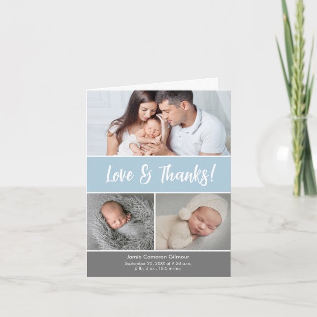 Love & Thanks Photo Collage Soft Blue Baby Shower Thank You Card (Front)