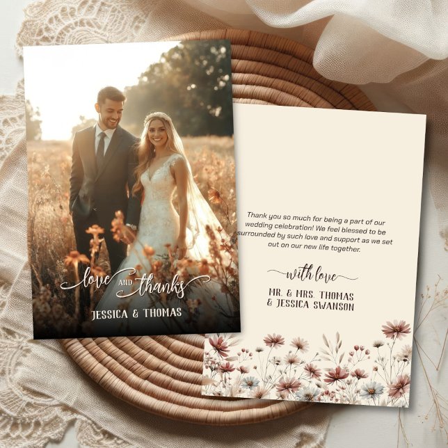 Love Thanks Photo Overlay Boho Wildflowers Wedding Thank You Card (Front/Back)