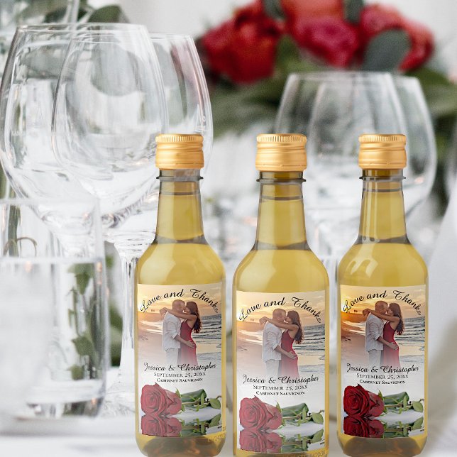 Love & Thanks Photo & Red Rose Wedding Mini Wine Label (Creator Uploaded)