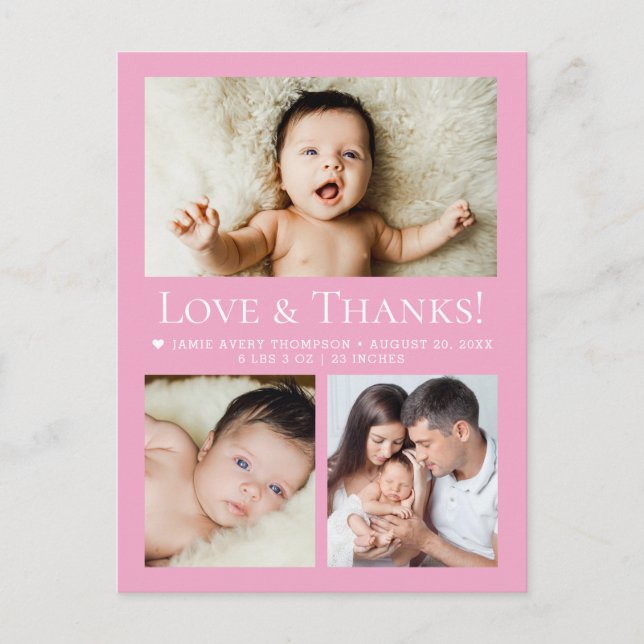 Love & Thanks Pink Baby Photo Collage birth Postcard (Front)