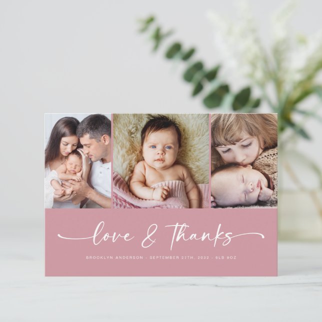 Love & Thanks | Pink Modern Three Photo New Baby   Thank You Card (Standing Front)