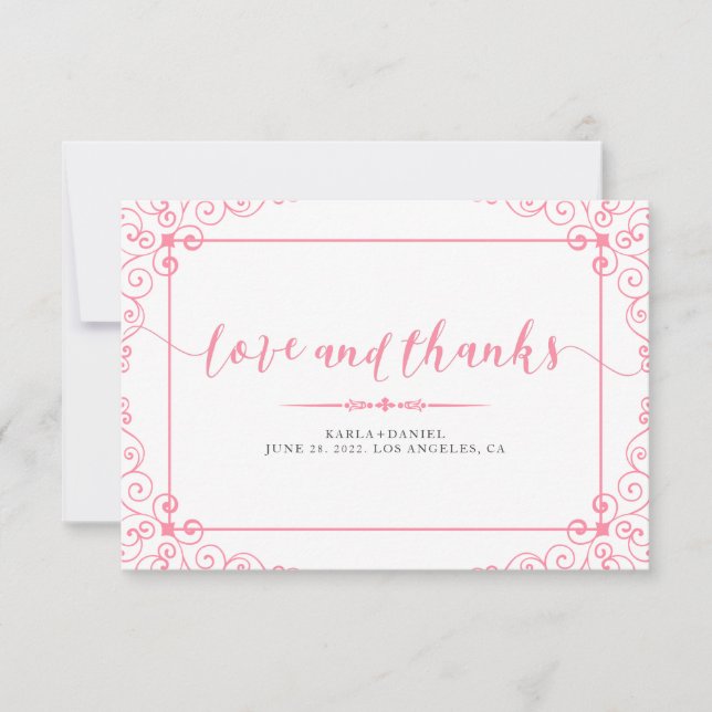 Love & Thanks Pink Wedding Typography With Frame. Thank You Card (Front)