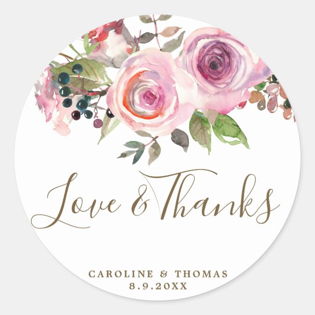 love & thanks purple floral wedding favors sticker (Front)