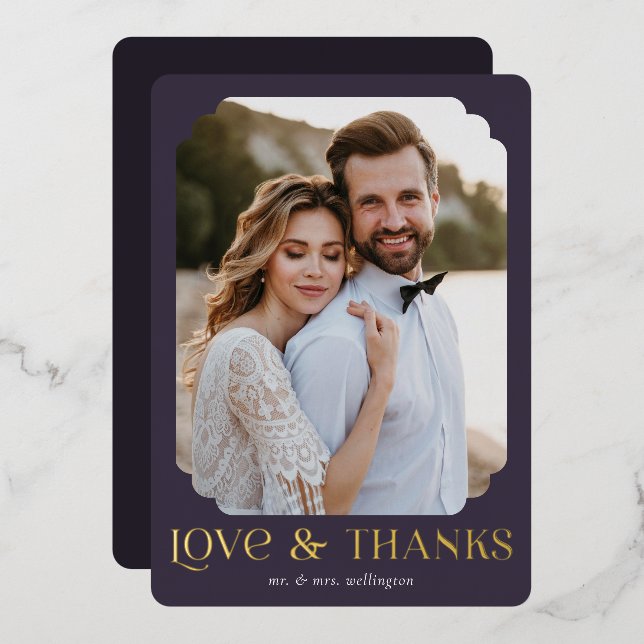 Love Thanks Purple Foil Wedding Thank You Card (Front/Back)