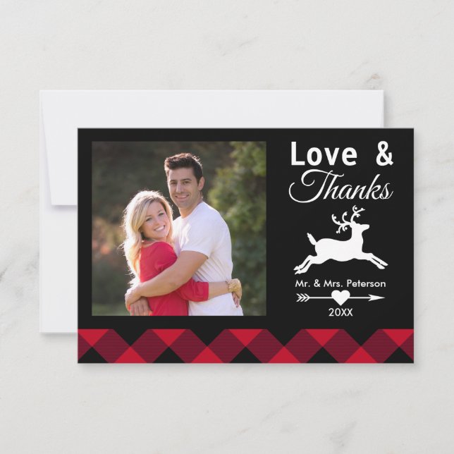Love & Thanks Red Buffalo Plaid Holiday Photo Thank You Card (Front)