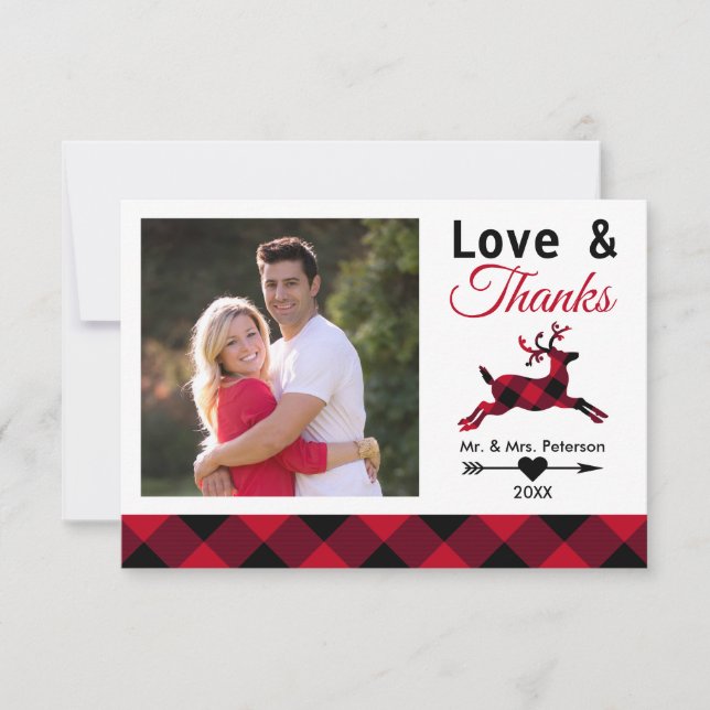 Love Thanks Red Buffalo Plaid White Holiday Photo Thank You Card (Front)