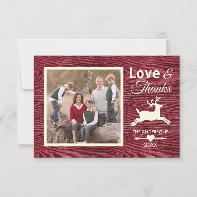 Love Thanks Red Rustic Wood Family Photo Holiday Thank You Card (Front)