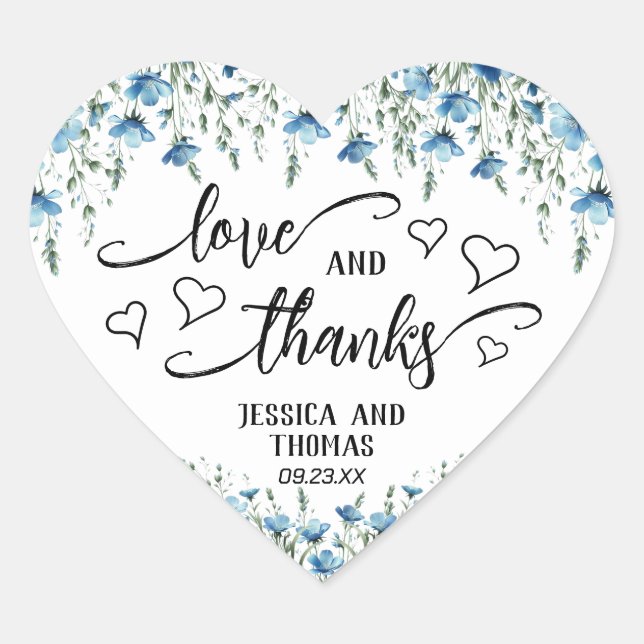 Love & Thanks Rustic Blue Boho Wildflowers Wedding Heart Sticker (Front)