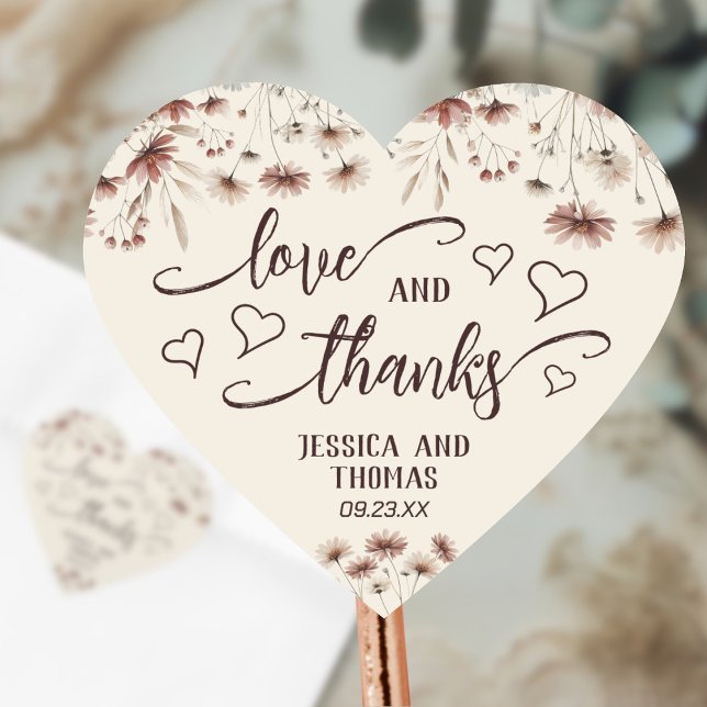 Love & Thanks Rustic Boho Chic Wildflowers Wedding Heart Sticker (Creator Uploaded)