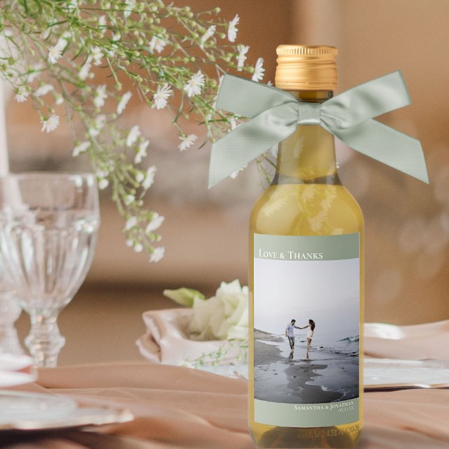 Love & Thanks Sage Green Simple Wedding Photo Mini Wine Label (Creator Uploaded)