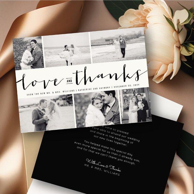Love & Thanks Script 6-Photo Wedding Design Thank You Card (Love And Thanks Modern Classic Script 6 Photo Collage Wedding Thank You Card @ fatfatin_blue_knot)