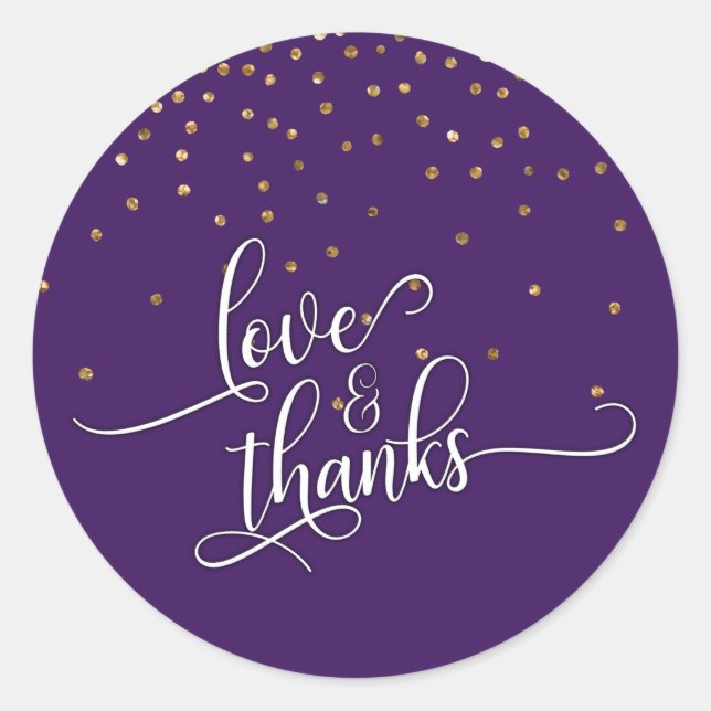 Love & Thanks Script Gold Confetti and Dark Purple Classic Round Sticker (Front)