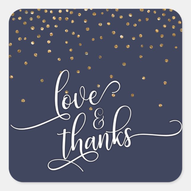 Love & Thanks Script, Gold Confetti Midnight Blue Square Sticker (Front)