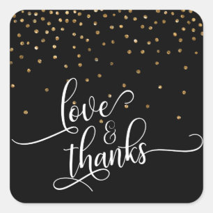 Love & Thanks Script, Gold Confetti on Black, 2 Square Sticker