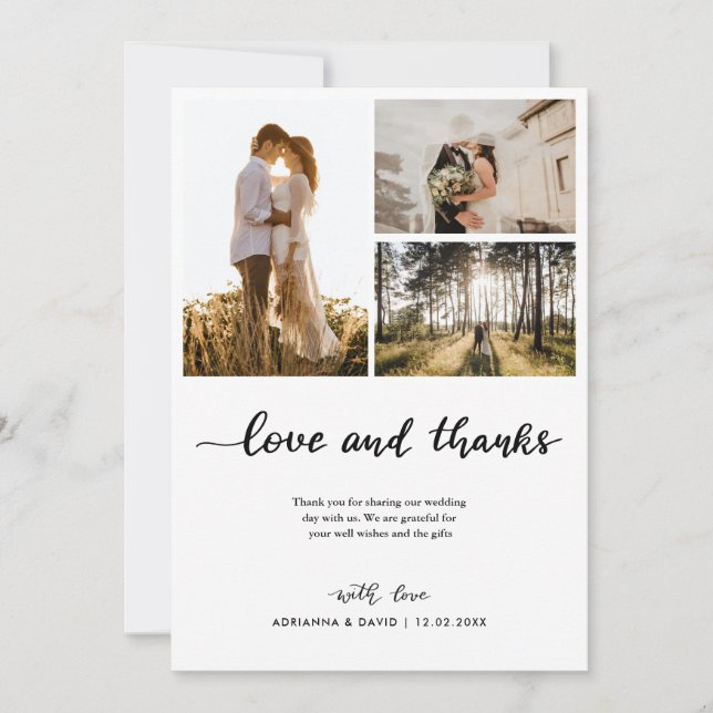 Love & Thanks Script Wedding Couple Photo Collage  Thank You Card (Front)